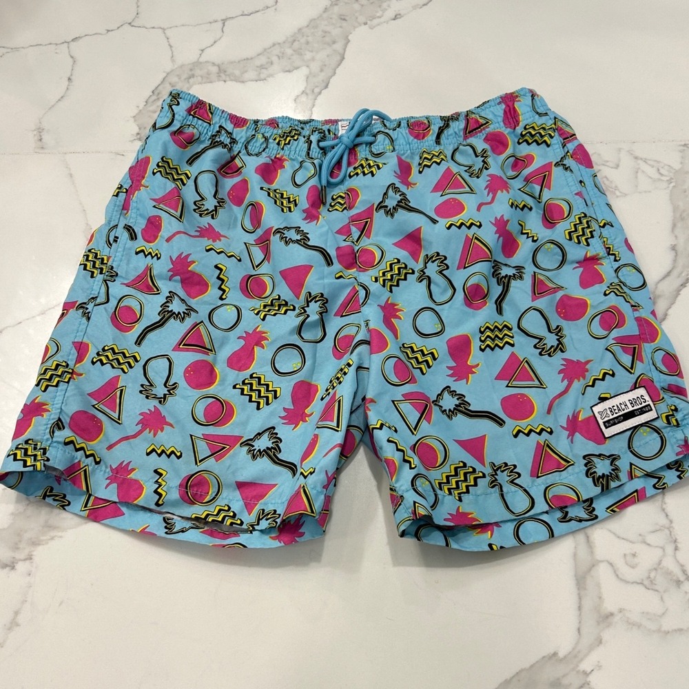 Beach Bros Surf Shop Swim Trunks Shorts 80s Retro Geometric‎ Print